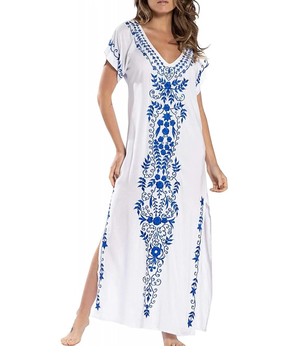 Cover-Ups Women Casual V Neck Loose Caftan Long Dress Beach Wear Split Maxi Dress - White 19034 - CM18ND4LYIW