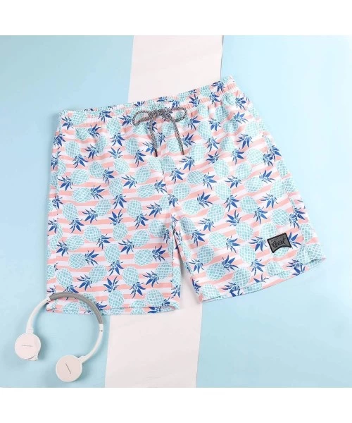 Board Shorts Men's Swim Trunks Quick Dry Beach Shorts with Mesh Lining - Pineapple-light Blue - CN18WE5O033