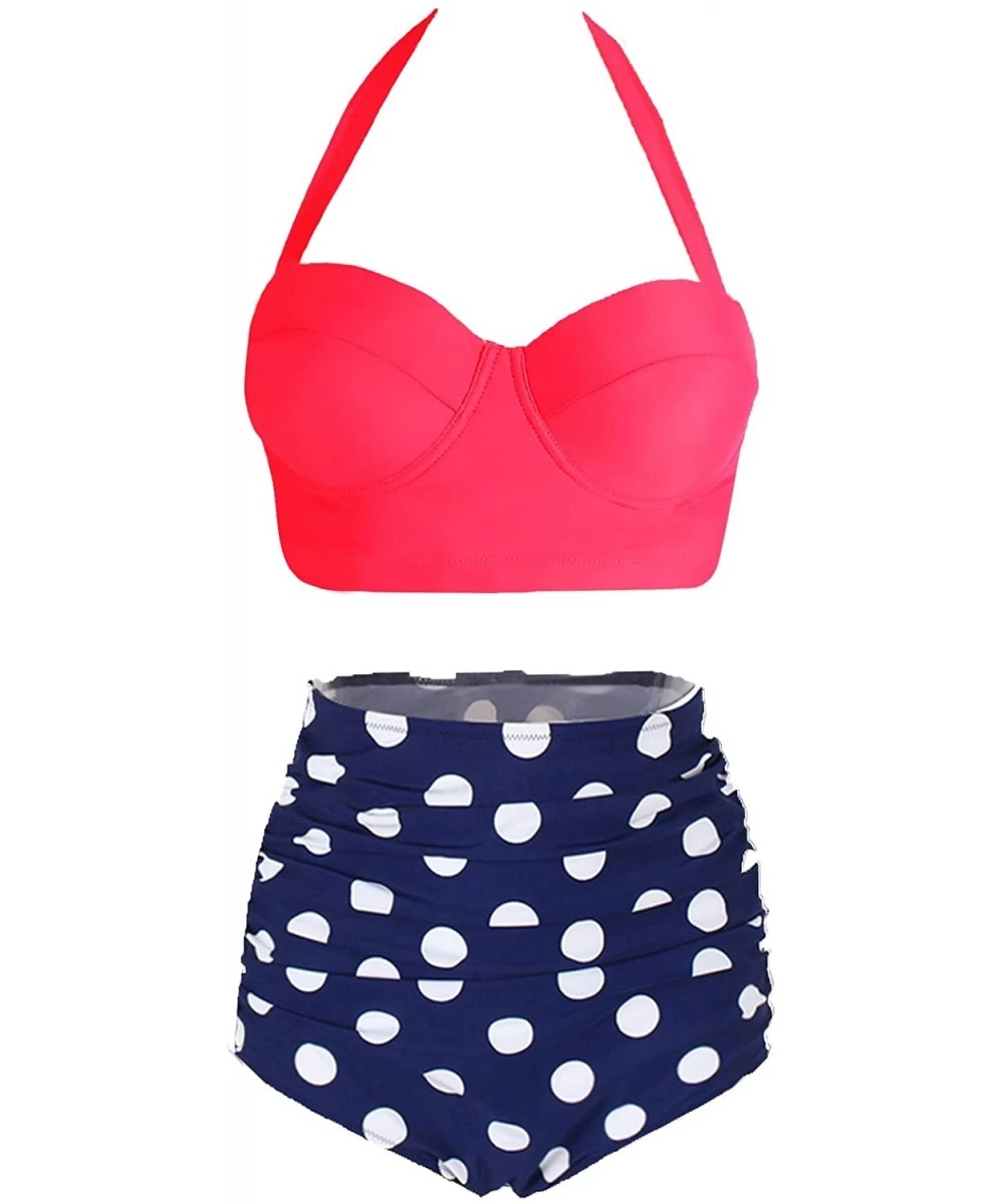 Sets Womens Retro Vintage Polka Underwire High Waisted Swimsuit Bathing Suits Bikini - Rose+blue - C0189SE20WK