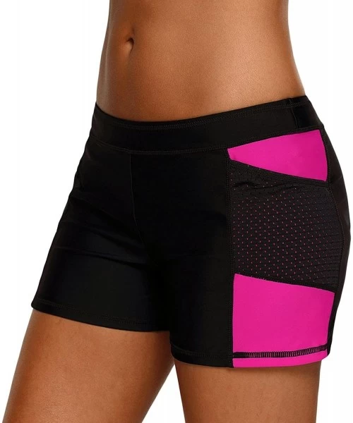 Bottoms Womens Side Mesh Insert Color Block Swim Sports Board Shorts Plus Size (S-XXXL) - Rosy - C9188UW506U