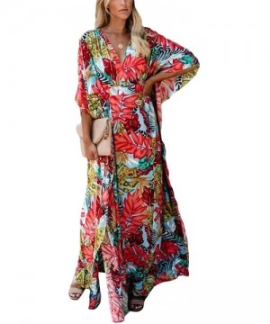 Cover-Ups Women Bathing Suit Cover Up Ethnic Print Kaftan Beach Maxi Dresses - Red Floral - CT18Z9DY274