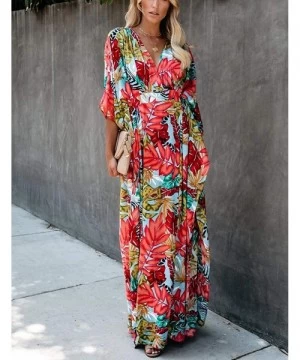 Cover-Ups Women Bathing Suit Cover Up Ethnic Print Kaftan Beach Maxi Dresses - Red Floral - CT18Z9DY274