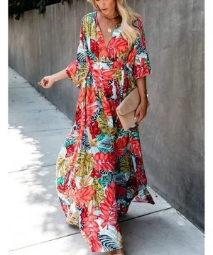 Cover-Ups Women Bathing Suit Cover Up Ethnic Print Kaftan Beach Maxi Dresses - Red Floral - CT18Z9DY274