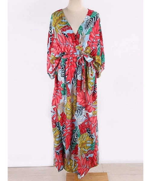 Cover-Ups Women Bathing Suit Cover Up Ethnic Print Kaftan Beach Maxi Dresses - Red Floral - CT18Z9DY274