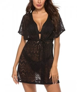 Cover-Ups Women's Bathing Suit Cover Ups Sexy Swimwear Lace Beach Bikini Cover-ups - Black - C1194UW5S77