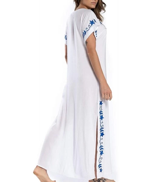 Cover-Ups Women Casual V Neck Loose Caftan Long Dress Beach Wear Split Maxi Dress - White 19034 - CM18ND4LYIW