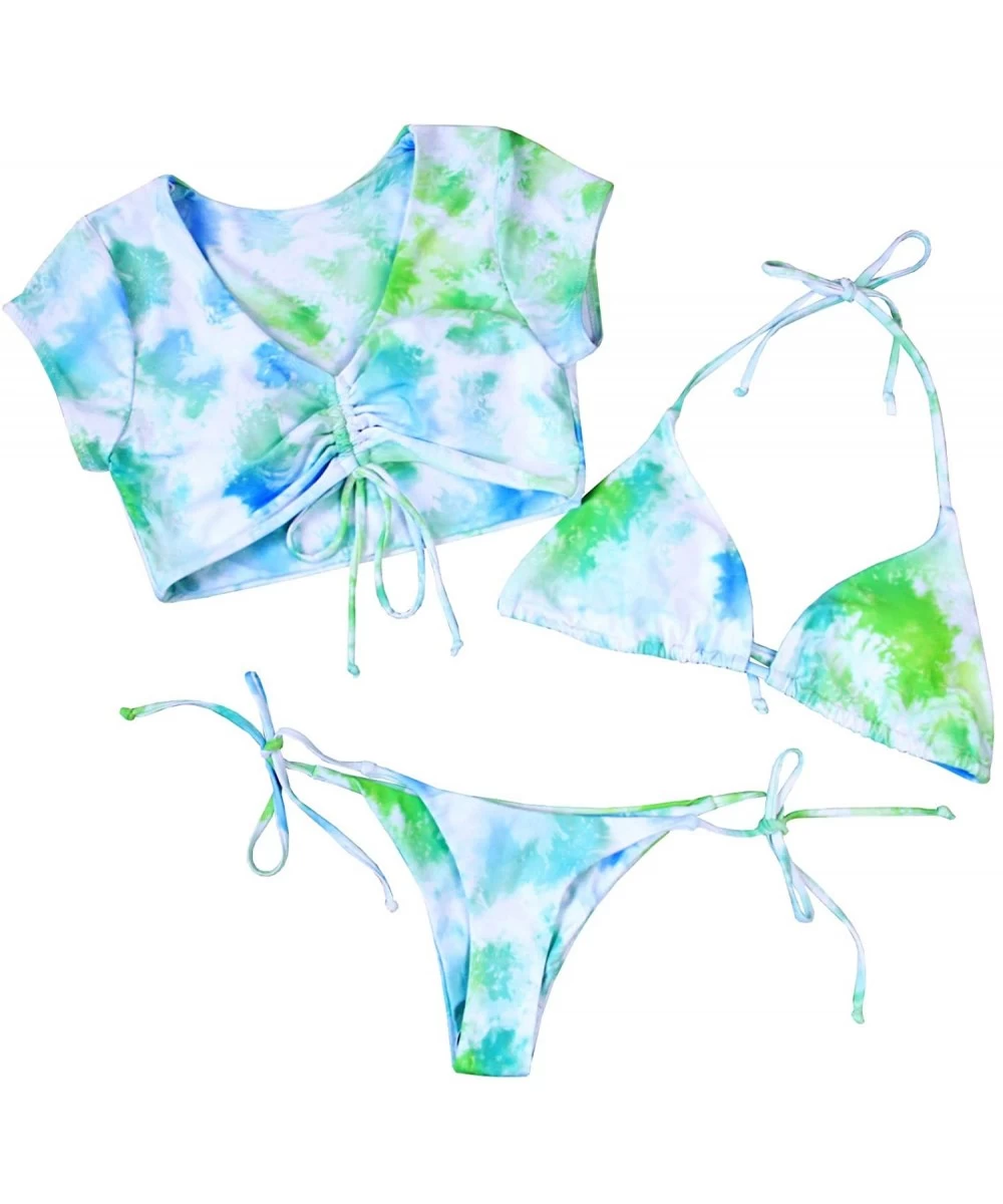 Sets Women's Tie Dye Cinched Lace Up Triangle String Bikini Set Three Piece Swimsuit - 3-piece Mint Green - CQ199GOKE6R