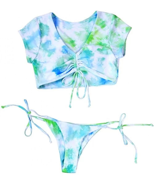 Sets Women's Tie Dye Cinched Lace Up Triangle String Bikini Set Three Piece Swimsuit - 3-piece Mint Green - CQ199GOKE6R