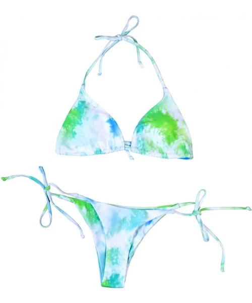 Sets Women's Tie Dye Cinched Lace Up Triangle String Bikini Set Three Piece Swimsuit - 3-piece Mint Green - CQ199GOKE6R