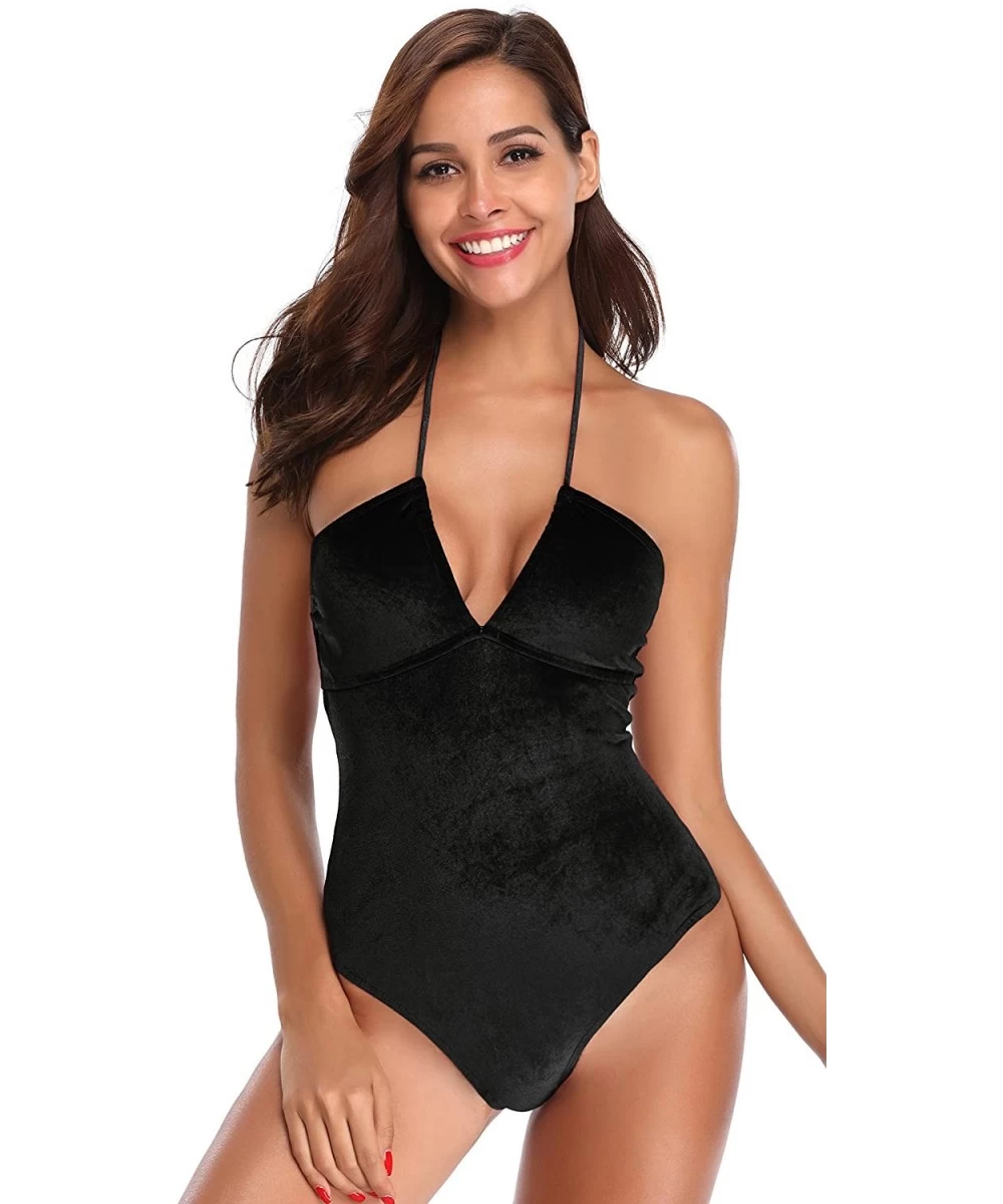 Racing Women's Deep V Padded Backless High Cut Leotard One Piece Swimsuits Bathing Suits - Manhattan Black - E - C218EQKUDNM