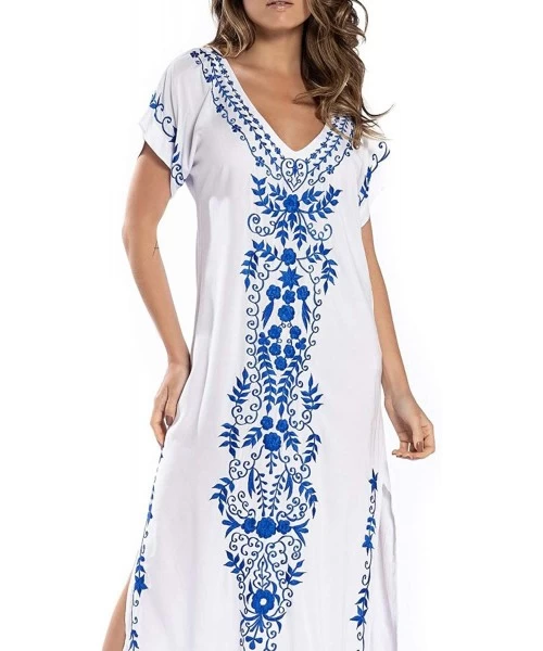 Cover-Ups Women Casual V Neck Loose Caftan Long Dress Beach Wear Split Maxi Dress - White 19034 - CM18ND4LYIW