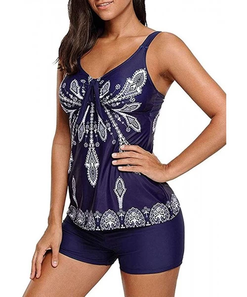 Sets Floral Print Women's Tankini Swimwear Bandeau Padded Bikini Set Two Piece Swimsuits Shorts - Dark Blue - CD18S9ZGC5G