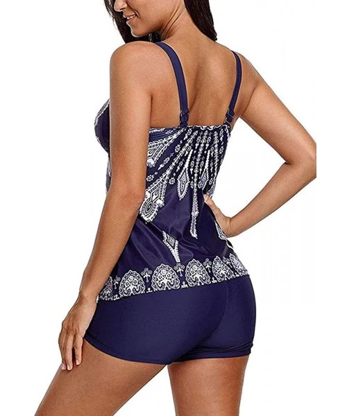 Sets Floral Print Women's Tankini Swimwear Bandeau Padded Bikini Set Two Piece Swimsuits Shorts - Dark Blue - CD18S9ZGC5G