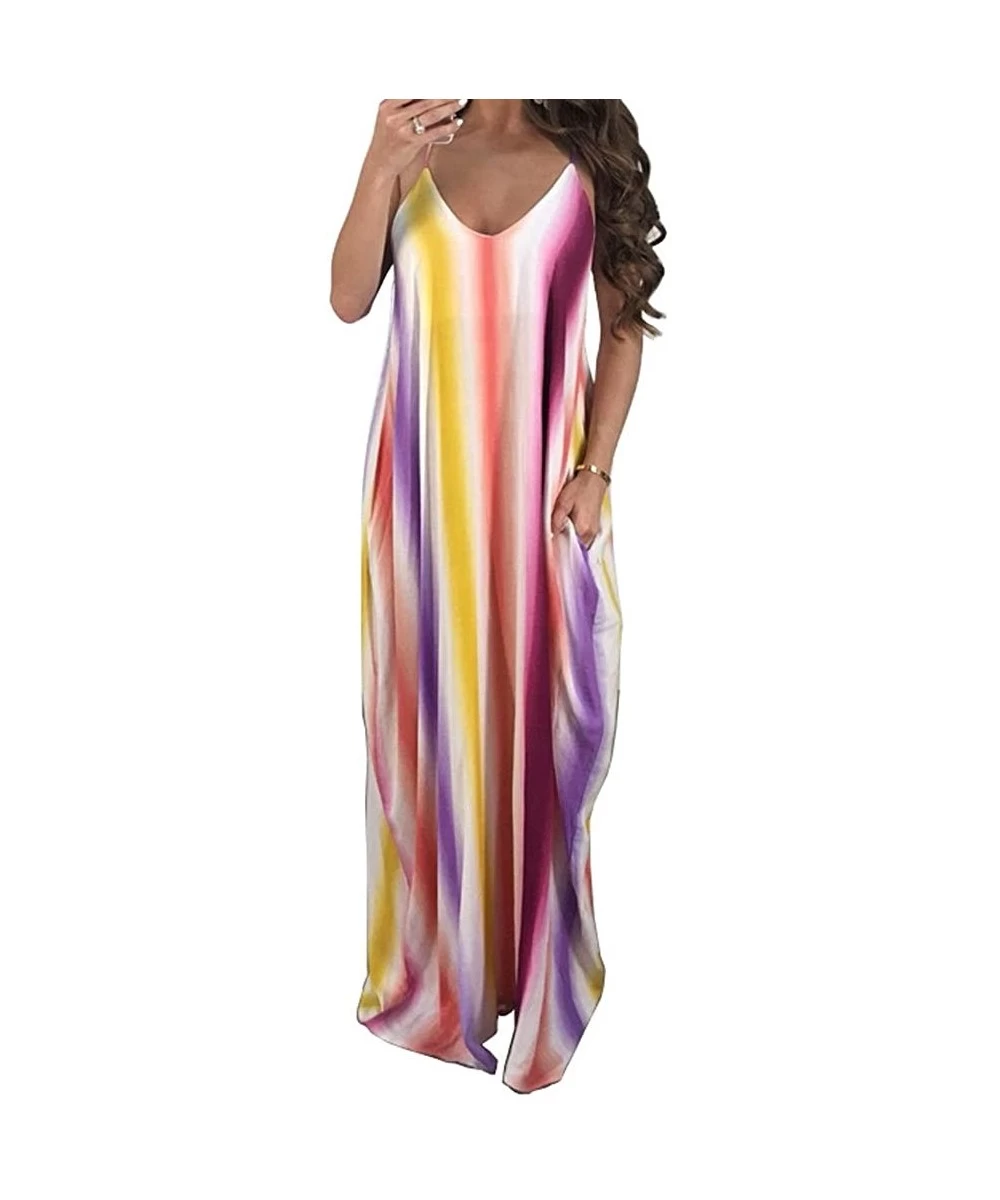 Cover-Ups Women's Striped Spaghetti Straps Suspender Maxi Dress V Neck Loose Long Dress Summer Colorful Sundress Beachdress -...