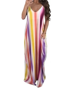 Cover-Ups Women's Striped Spaghetti Straps Suspender Maxi Dress V Neck Loose Long Dress Summer Colorful Sundress Beachdress -...