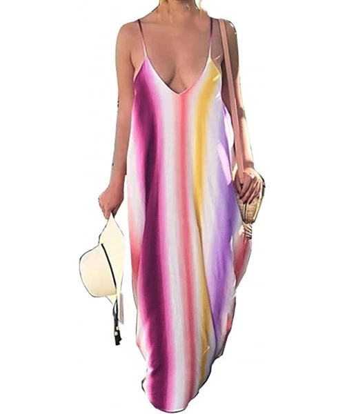 Cover-Ups Women's Striped Spaghetti Straps Suspender Maxi Dress V Neck Loose Long Dress Summer Colorful Sundress Beachdress -...