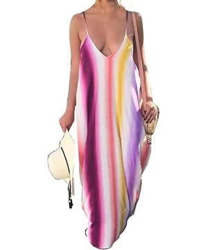 Cover-Ups Women's Striped Spaghetti Straps Suspender Maxi Dress V Neck Loose Long Dress Summer Colorful Sundress Beachdress -...