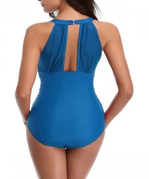 Racing Womens One Piece Swimsuits Mesh V Neck Monokini Bathing Suits Tummy Control Swimwear - 09blue - CG18REGI5H3