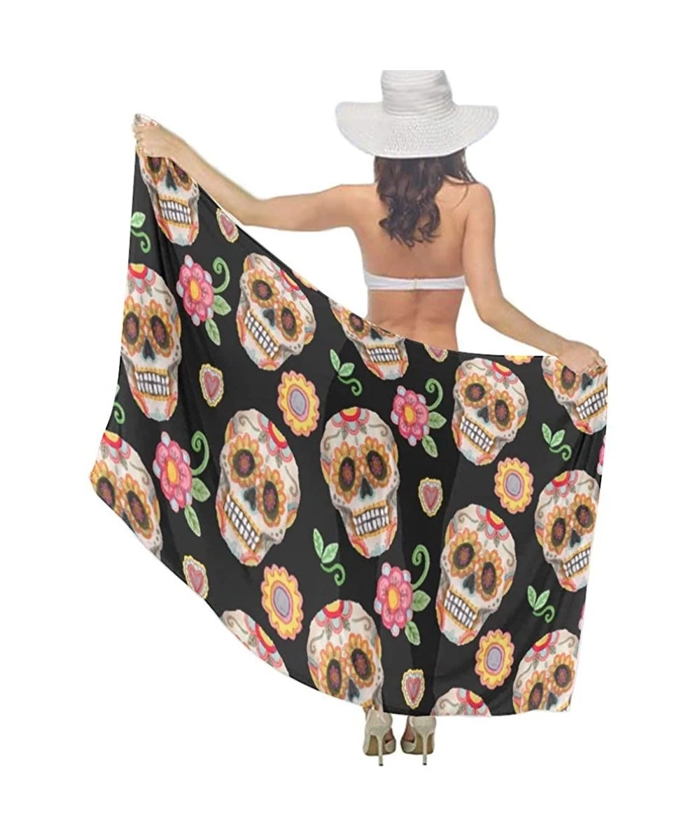 Cover-Ups Women Chiffon Scarf Sunscreen Shawl Wrap Swimsuit Cover Up Beach Sarongs - Sugar Skull Flower - CH19C4C08SQ