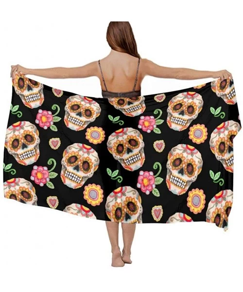 Cover-Ups Women Chiffon Scarf Sunscreen Shawl Wrap Swimsuit Cover Up Beach Sarongs - Sugar Skull Flower - CH19C4C08SQ