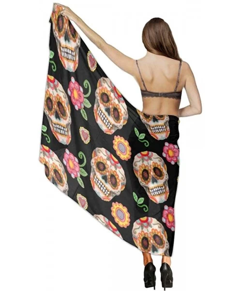 Cover-Ups Women Chiffon Scarf Sunscreen Shawl Wrap Swimsuit Cover Up Beach Sarongs - Sugar Skull Flower - CH19C4C08SQ