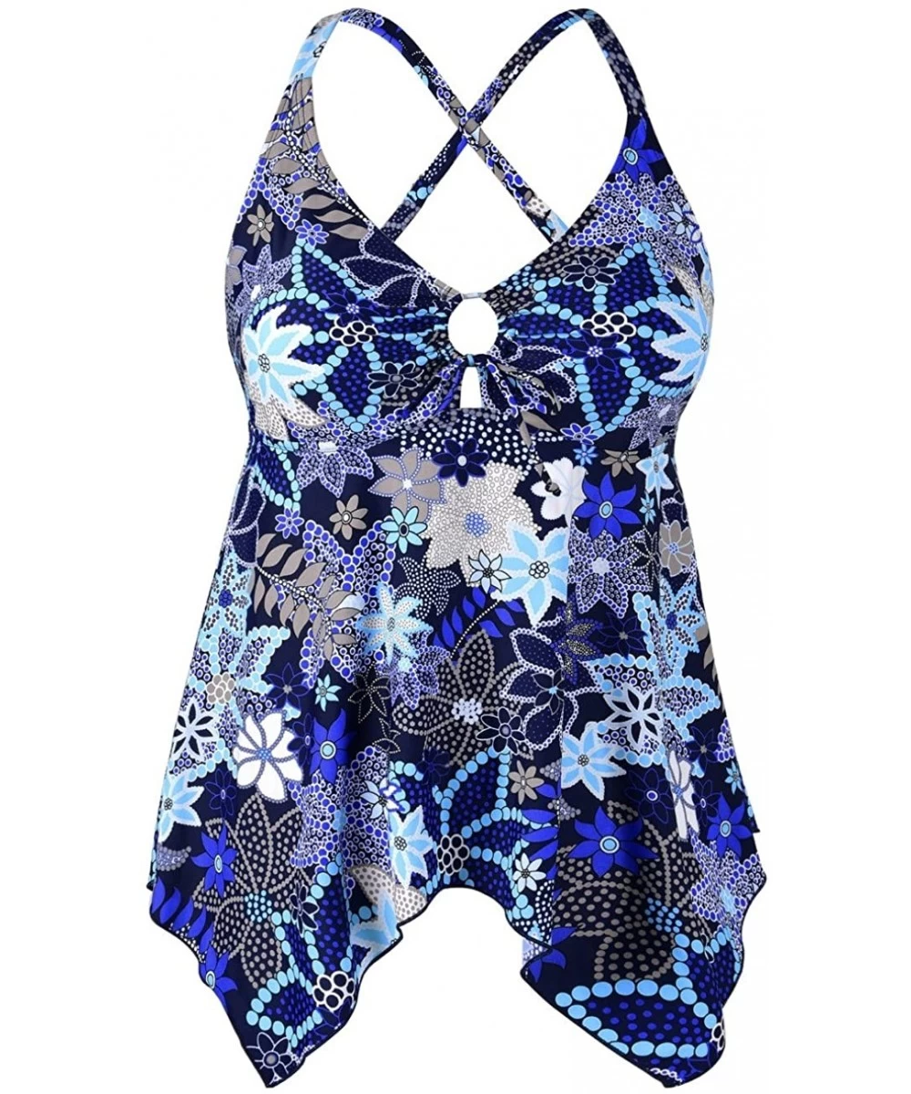 Tops Women's Front Tie Swim Top Cross Back Tankini Top Flowy Swimdress Tummy Control - Blue Floral - C1184R2N4UD