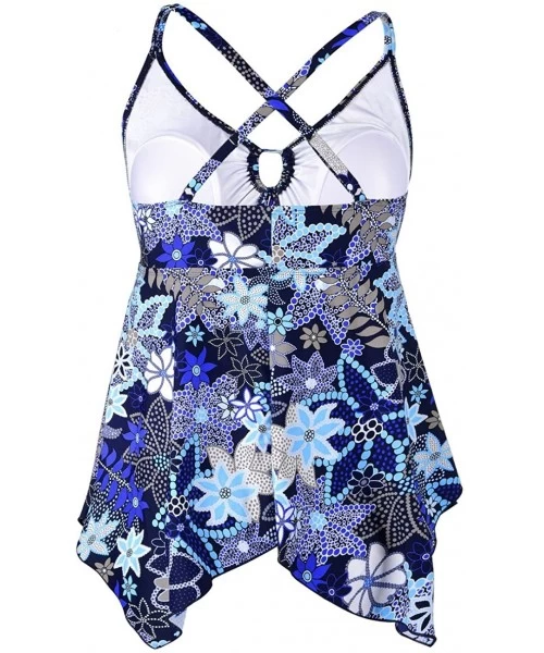 Tops Women's Front Tie Swim Top Cross Back Tankini Top Flowy Swimdress Tummy Control - Blue Floral - C1184R2N4UD