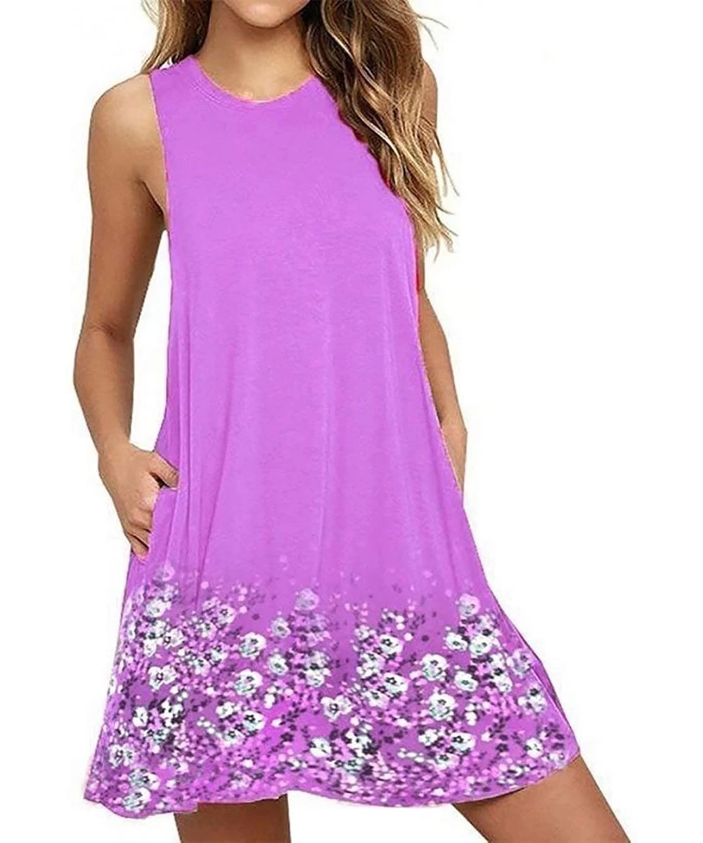 Cover-Ups Sleeveless A line Dress Floral Beach Dress Lounge Tank Dress Tunic Style with Two Pockets Purple - CE19CM5M65K