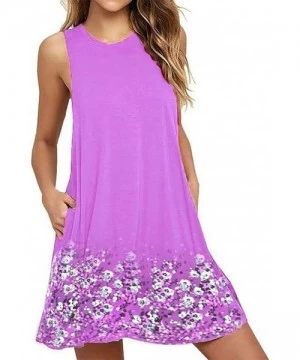 Cover-Ups Sleeveless A line Dress Floral Beach Dress Lounge Tank Dress Tunic Style with Two Pockets Purple - CE19CM5M65K