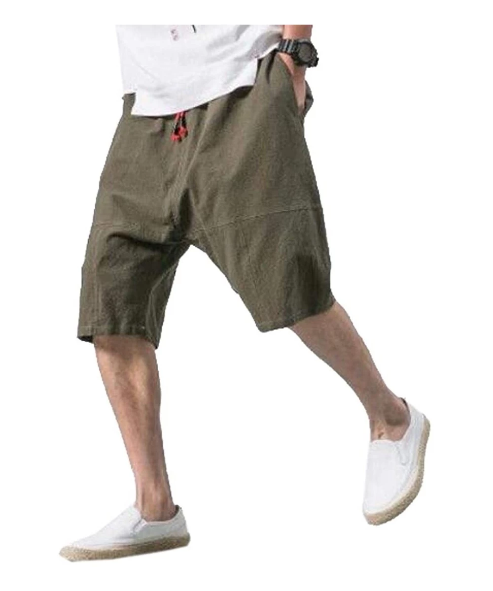 Board Shorts Men Solid Color Drawstring Summer Cotton Linen Beach Shorts Boardshort Swim Trunk - Army Green - CE199L9Q362