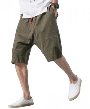 Board Shorts Men Solid Color Drawstring Summer Cotton Linen Beach Shorts Boardshort Swim Trunk - Army Green - CE199L9Q362