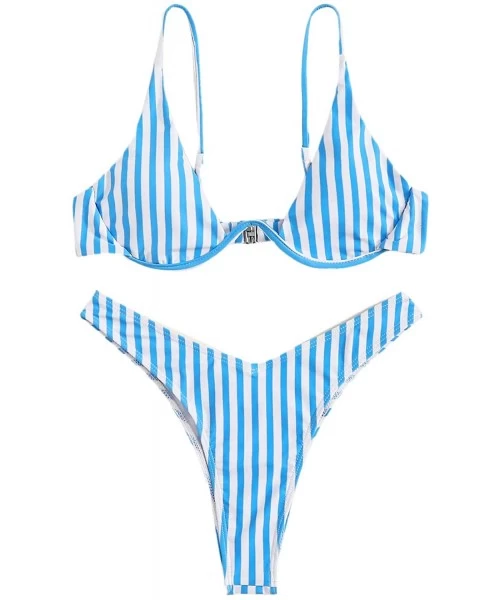 Sets Women's Sexy Triangle Bathing Two Pieces Swimsuit Bikini Set - Blue Stripe - C618Y8G04EC