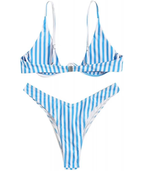 Sets Women's Sexy Triangle Bathing Two Pieces Swimsuit Bikini Set - Blue Stripe - C618Y8G04EC