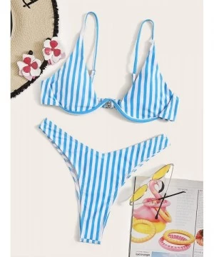 Sets Women's Sexy Triangle Bathing Two Pieces Swimsuit Bikini Set - Blue Stripe - C618Y8G04EC