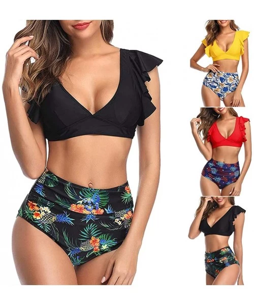 One-Pieces Swimsuits for Women Tummy Control Summer Cross Strappy Two Piece High Waisted Floral Ruched Bikini Bathing Suits Z...