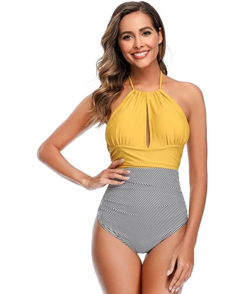 One-Pieces Women Halter One Piece Swimsuit Stripe Tummy Control Swimwear Backless V Neck Bathing Suits - Yellow - CR1944S8KER