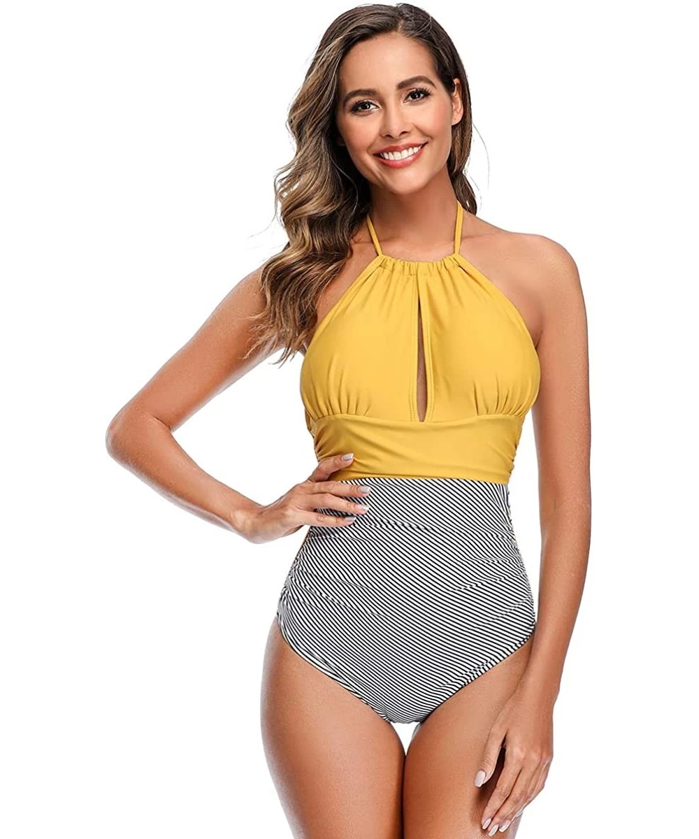 One-Pieces Women Halter One Piece Swimsuit Stripe Tummy Control Swimwear Backless V Neck Bathing Suits - Yellow - CR1944S8KER