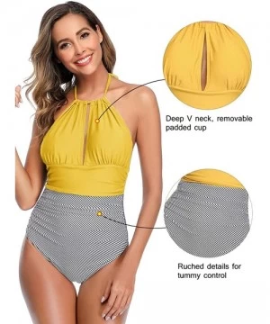 One-Pieces Women Halter One Piece Swimsuit Stripe Tummy Control Swimwear Backless V Neck Bathing Suits - Yellow - CR1944S8KER