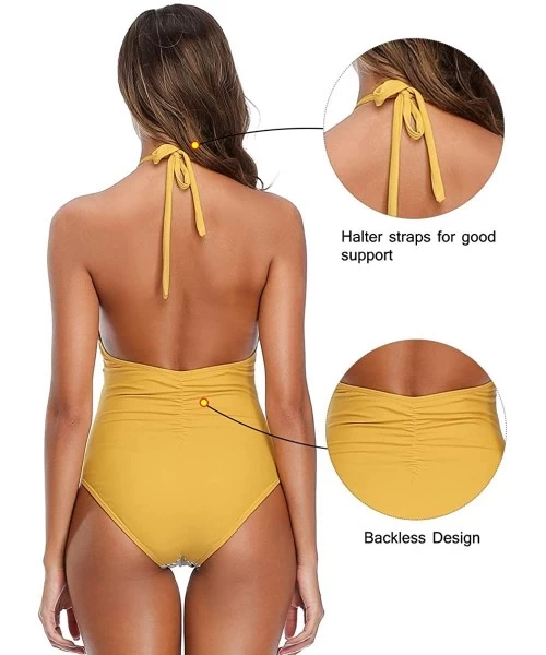 One-Pieces Women Halter One Piece Swimsuit Stripe Tummy Control Swimwear Backless V Neck Bathing Suits - Yellow - CR1944S8KER