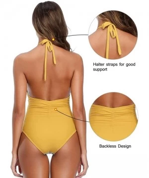 One-Pieces Women Halter One Piece Swimsuit Stripe Tummy Control Swimwear Backless V Neck Bathing Suits - Yellow - CR1944S8KER