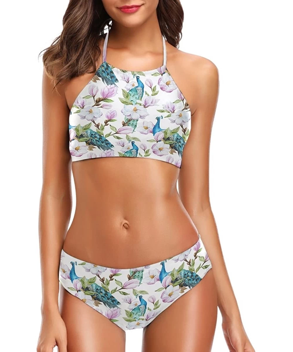 Sets Women's Chic Summer Beach Hot 2 Piece Halter Neack High Waist Padded Sexy Swimsuit - Peacock Floral - CD18ET699QW