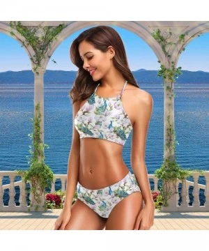 Sets Women's Chic Summer Beach Hot 2 Piece Halter Neack High Waist Padded Sexy Swimsuit - Peacock Floral - CD18ET699QW