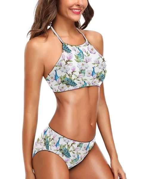 Sets Women's Chic Summer Beach Hot 2 Piece Halter Neack High Waist Padded Sexy Swimsuit - Peacock Floral - CD18ET699QW