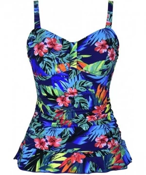 Tops Women's 50's Retro Ruched Tankini Swimsuit Top with Ruffle Hem - Blue&red Floral - C6187D22K3A