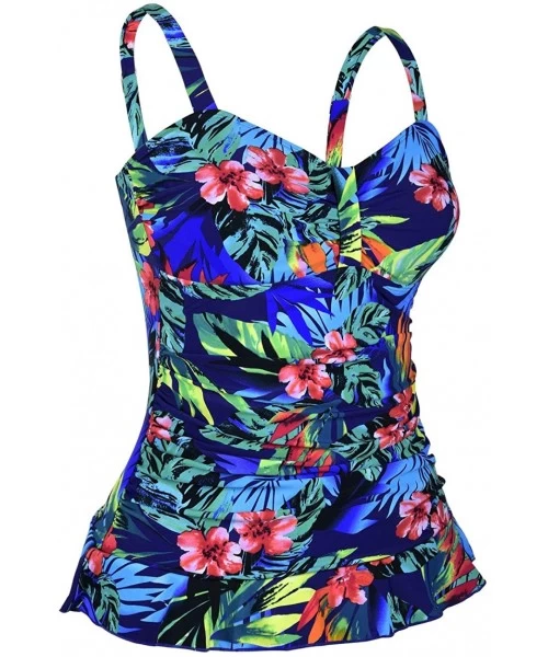 Tops Women's 50's Retro Ruched Tankini Swimsuit Top with Ruffle Hem - Blue&red Floral - C6187D22K3A