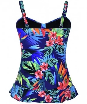 Tops Women's 50's Retro Ruched Tankini Swimsuit Top with Ruffle Hem - Blue&red Floral - C6187D22K3A