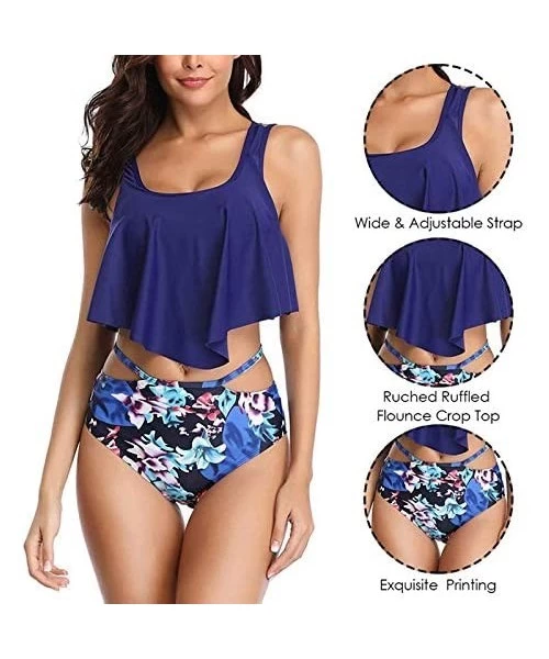 Racing High Waisted Bikini Swimsuits for Women Retro Ruffled Flounce Swimwear Two Piece Tankini Bathing Suits A blue Flower -...