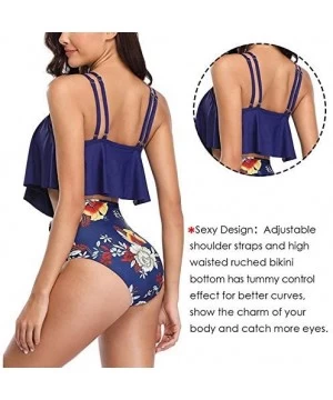 Racing High Waisted Bikini Swimsuits for Women Retro Ruffled Flounce Swimwear Two Piece Tankini Bathing Suits A blue Flower -...