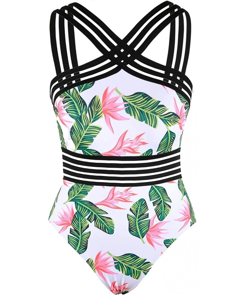 One-Pieces Women's One Piece Swimwear Front Crossover Swimsuits Hollow Bathing Suits Monokinis - Green&red Leaves - CX1953GS8NO