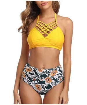 Sets High Waisted Bikini Swimsuit for Women Two Piece Bathing Suit Criss Cross Top Boyshort Bottom Bikini Set - Yellow - CP19...